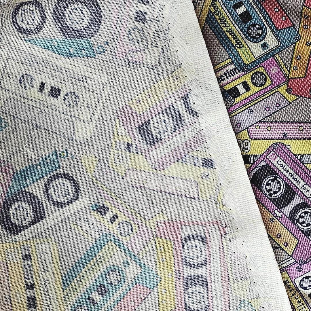 Japanese fabric - Cassette Tape Pattern, Grey - 100% Cotton Sheeting Print- by the yard