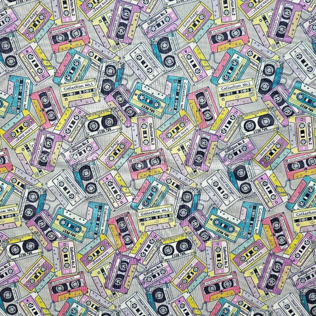 Japanese fabric - Cassette Tape Pattern, Grey - 100% Cotton Sheeting Print- by the yard
