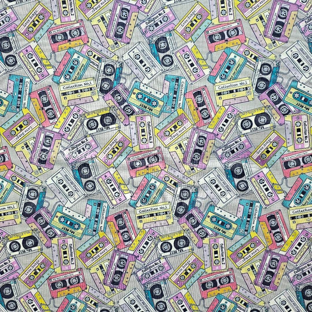 Japanese fabric - Cassette Tape Pattern, Grey - 100% Cotton Sheeting Print- by the yard