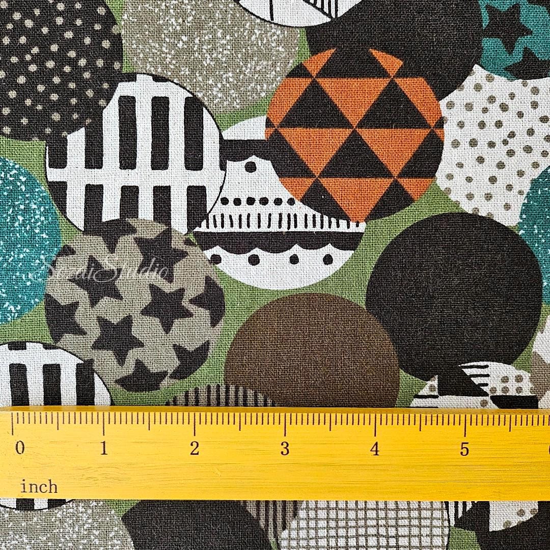 Japanese Cotton Linen Canvas Fabric: Vibrant Circles Print, Green - by the yard