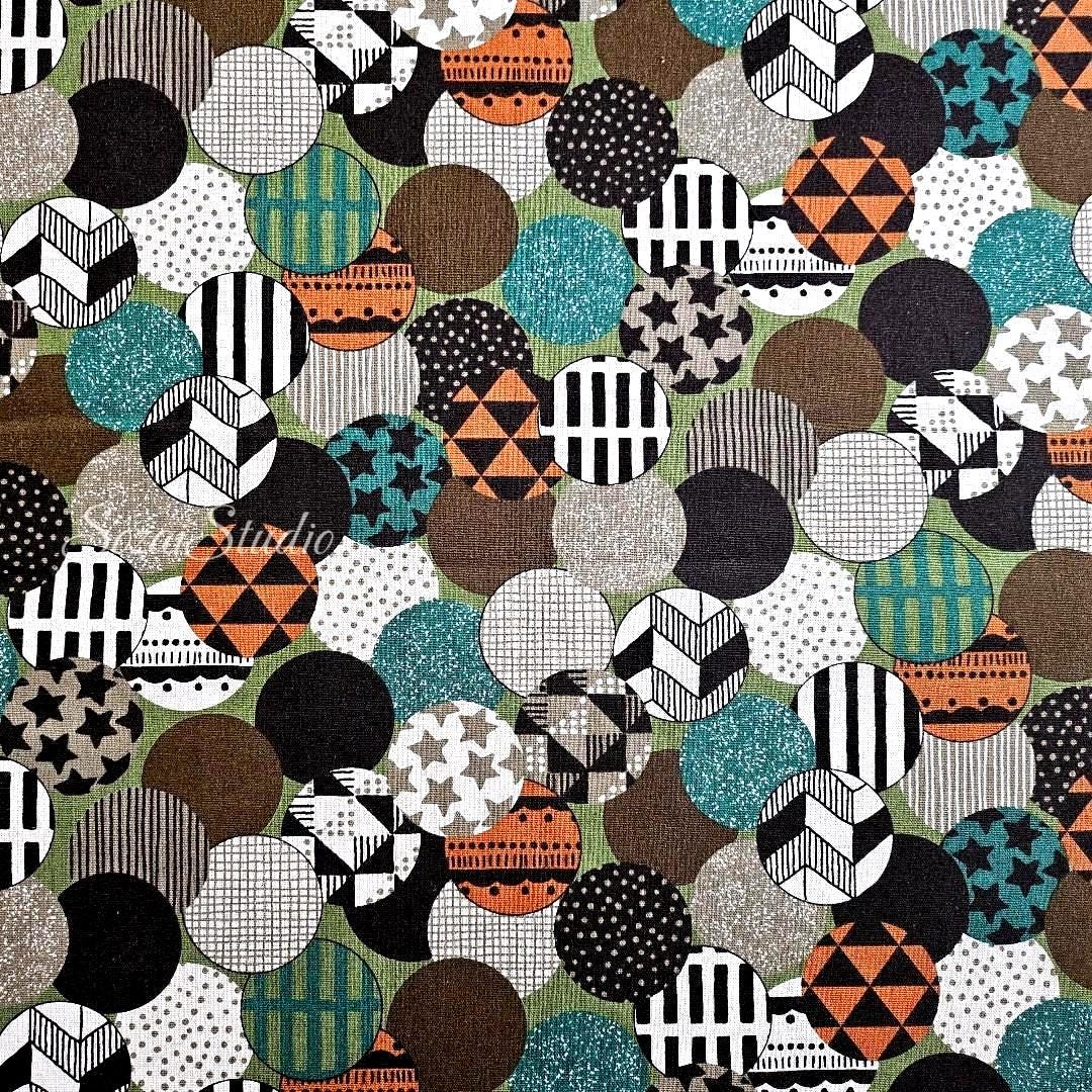 Japanese Cotton Linen Canvas Fabric: Vibrant Circles Print, Green - by the yard