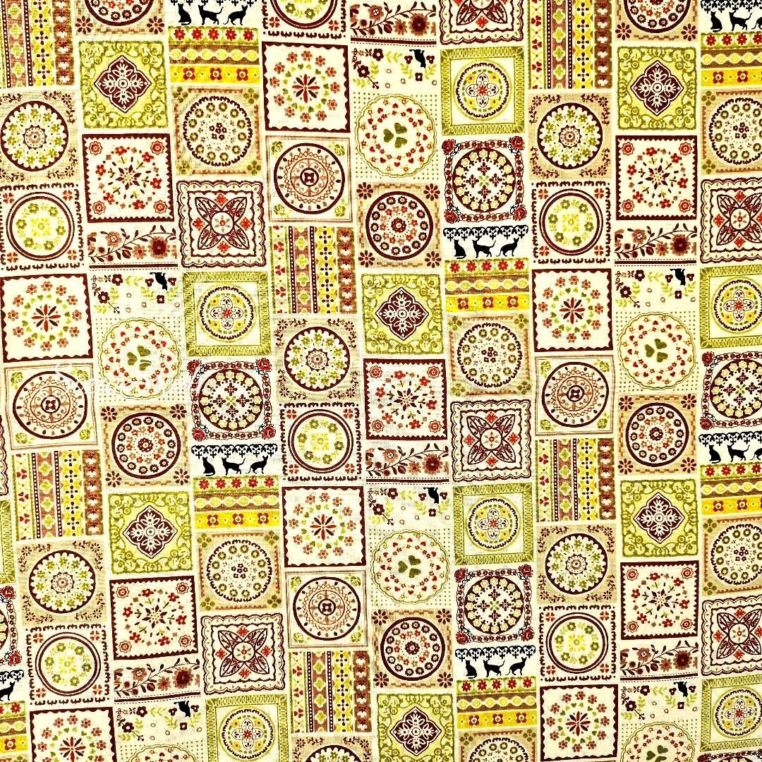 1 yard Japanese fabric - European-inspired Tile Pattern, Orange - 100% Cotton Square (Print)