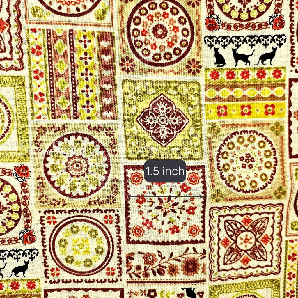 1 yard Japanese fabric - European-inspired Tile Pattern, Orange - 100% Cotton Square (Print)