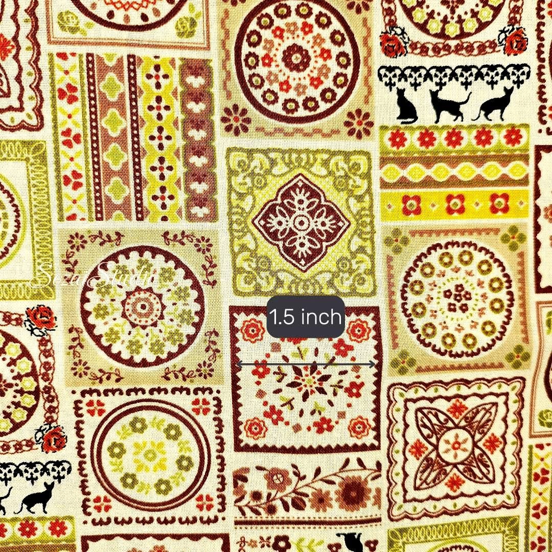 1 yard Japanese fabric - European-inspired Tile Pattern, Orange - 100% Cotton Square (Print)