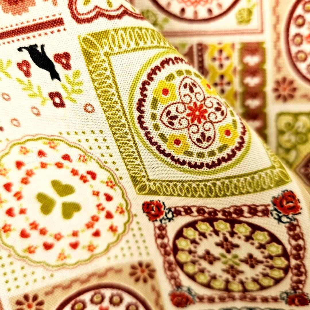 1 yard Japanese fabric - European-inspired Tile Pattern, Orange - 100% Cotton Square (Print)