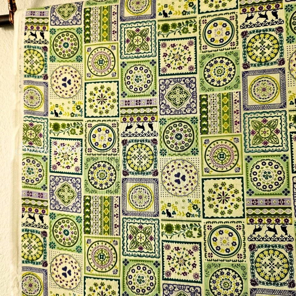 1 yard Japanese fabric - European-inspired Tile Pattern, Green - 100% Cotton Square (Print)