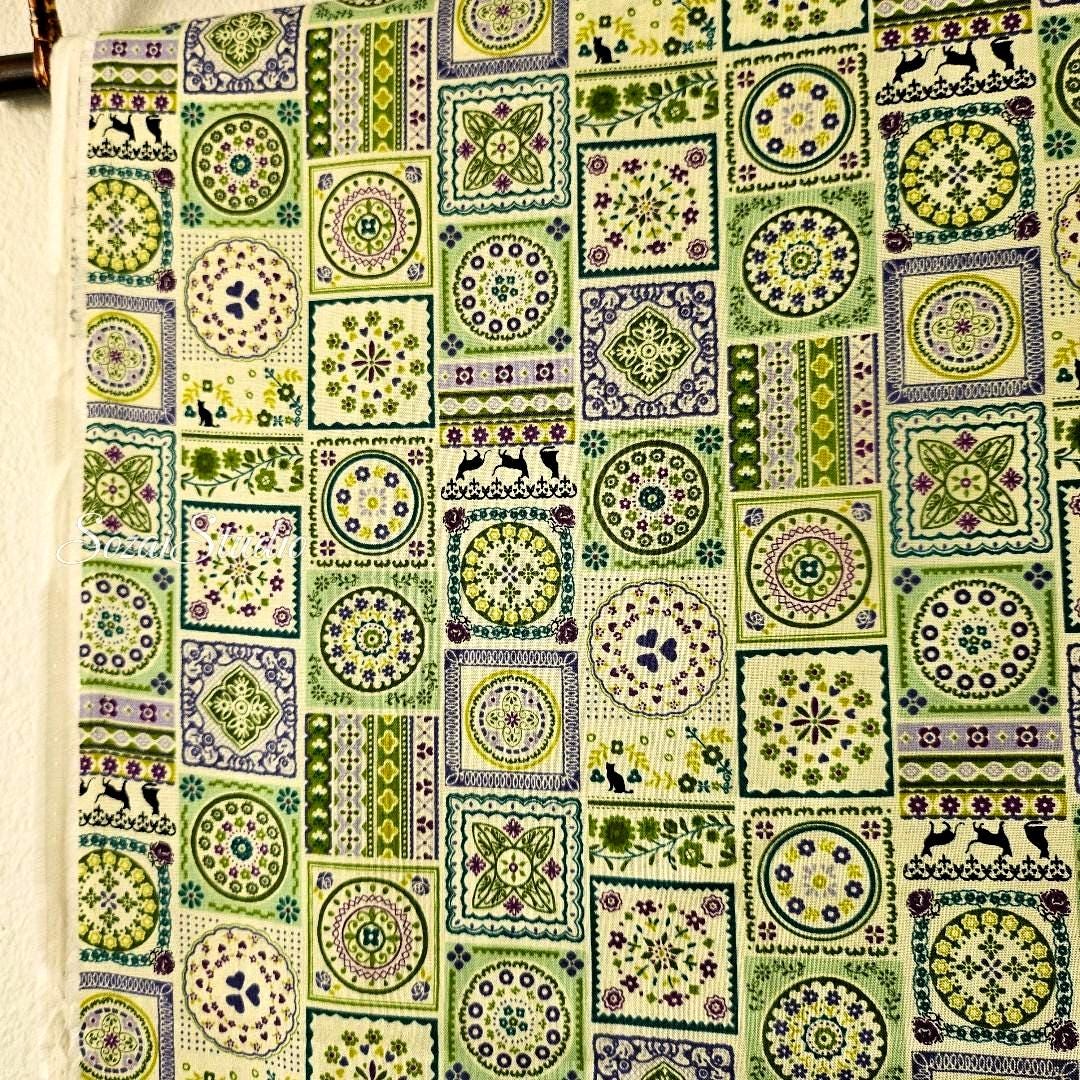 1 yard Japanese fabric - European-inspired Tile Pattern, Green - 100% Cotton Square (Print)