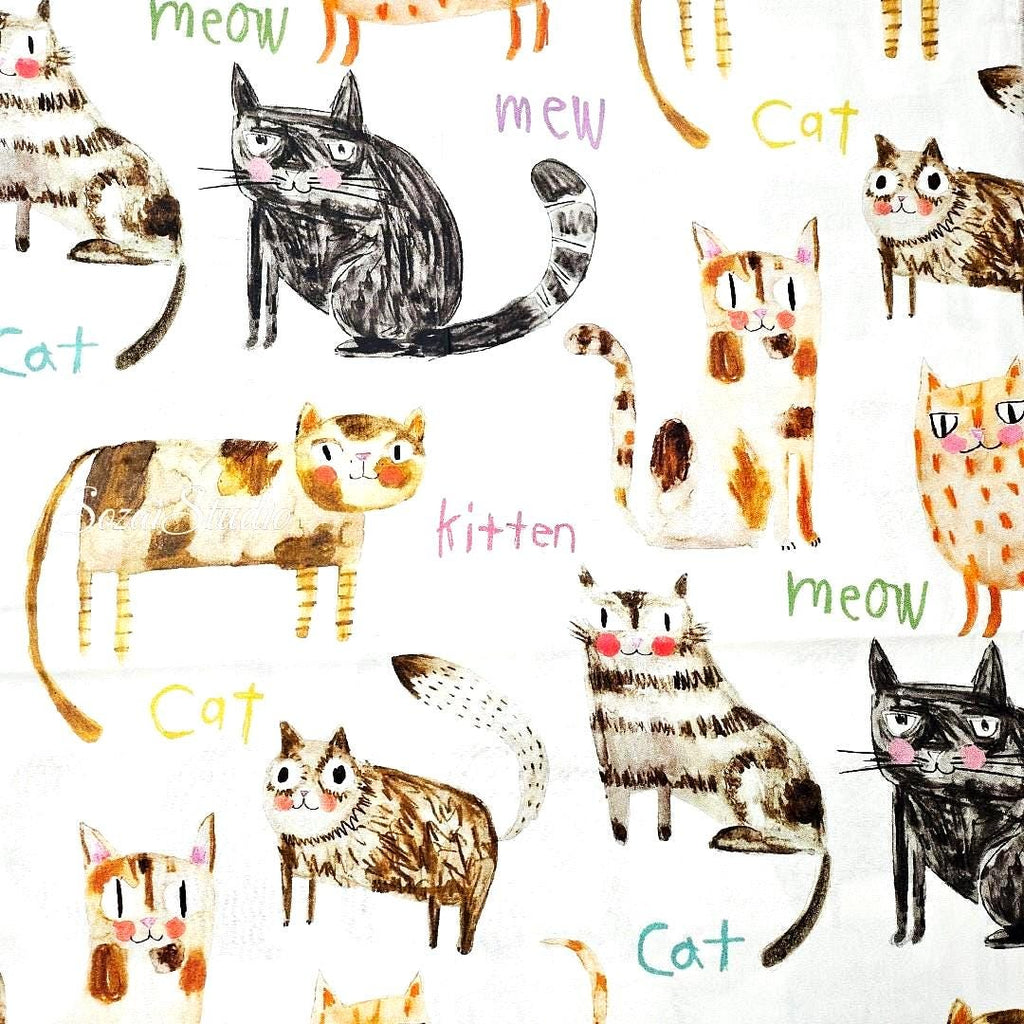 Japanese fabric - The Cat's Meow, White - 100% Cotton Square (Digital Print) - by the yard