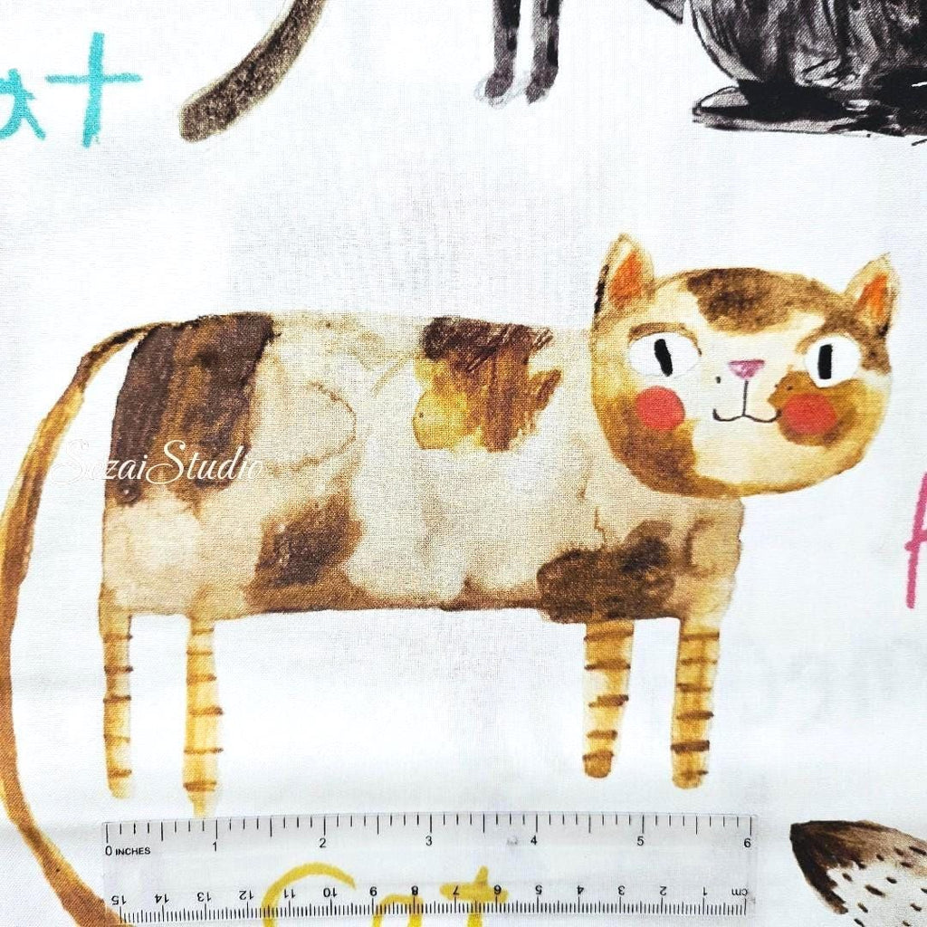 Japanese fabric - The Cat's Meow, White - 100% Cotton Square (Digital Print) - by the yard
