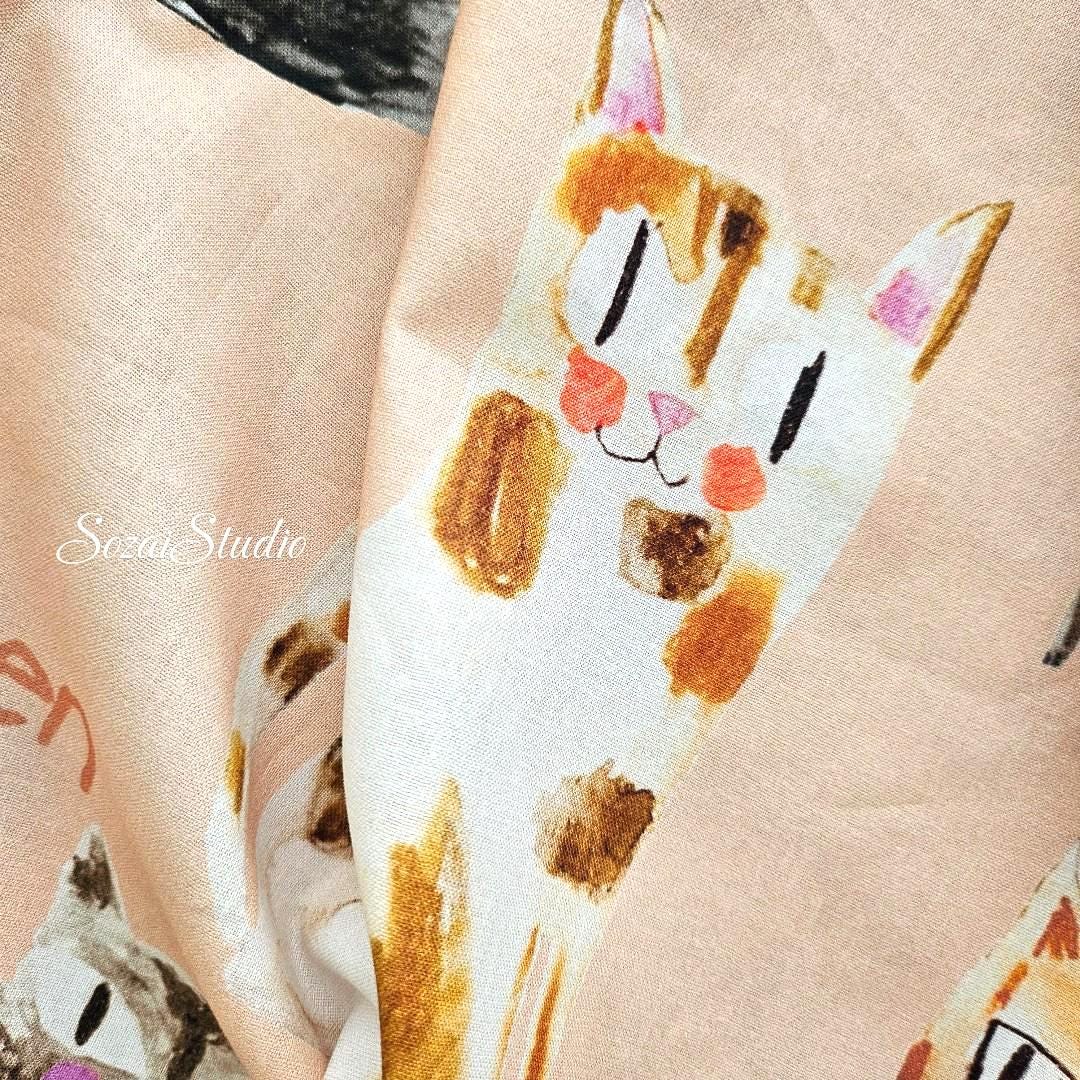 Japanese fabric - The Cat's Meow, Light Pink - 100% Cotton Square (Digital Print) - by the yard