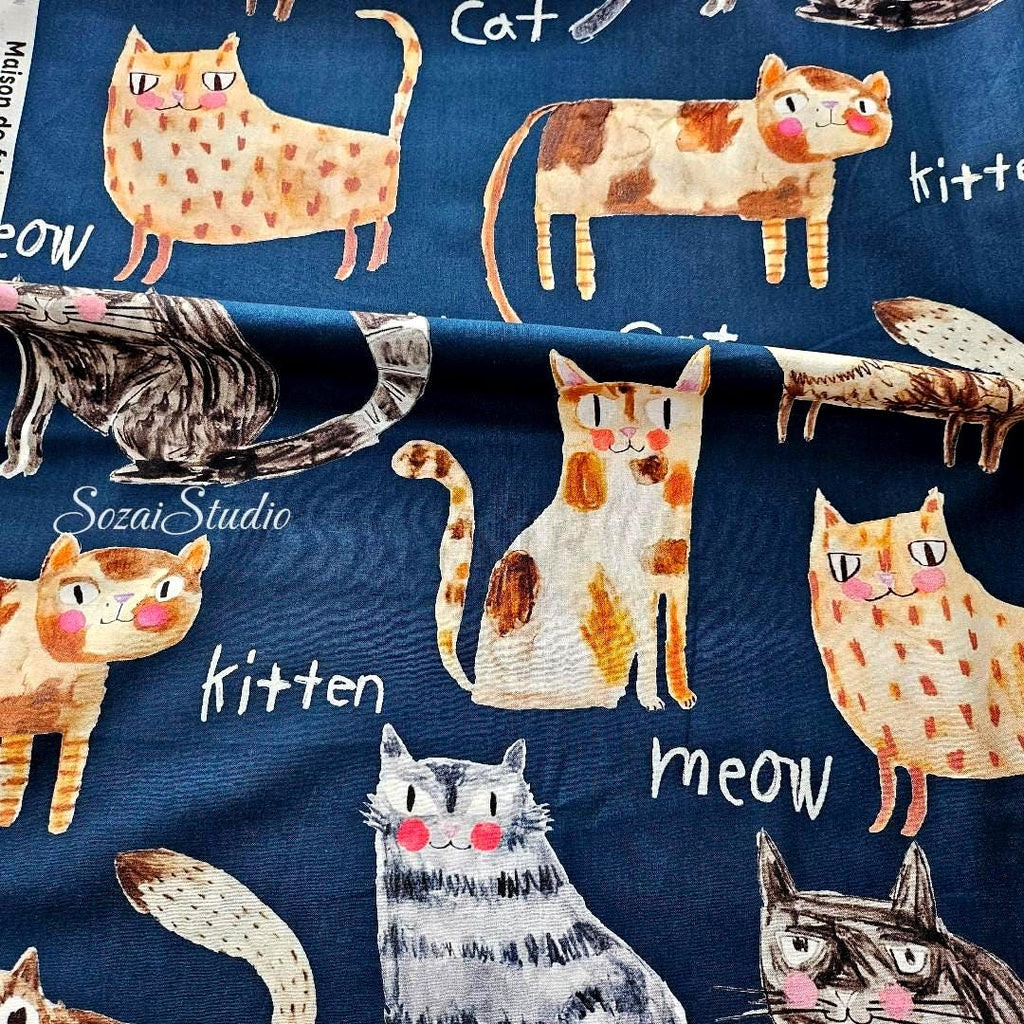 Japanese fabric - The Cat's Meow, Navy - 100% Cotton Square (Digital Print) - by the yard