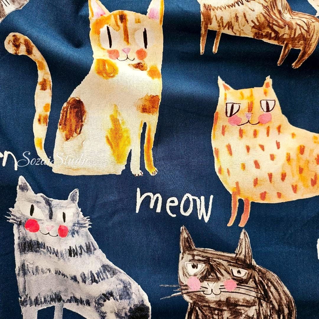 Japanese fabric - The Cat's Meow, Navy - 100% Cotton Square (Digital Print) - by the yard