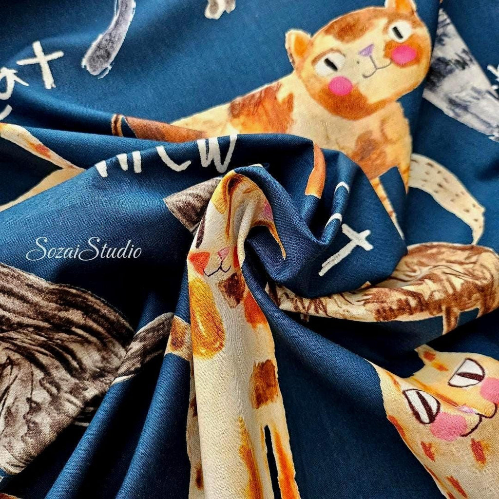 Japanese fabric - The Cat's Meow, Navy - 100% Cotton Square (Digital Print) - by the yard