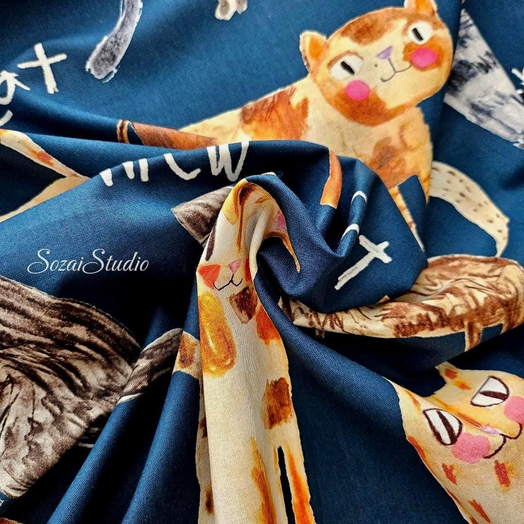 Japanese fabric - The Cat's Meow, Navy - 100% Cotton Square (Digital Print) - by the yard