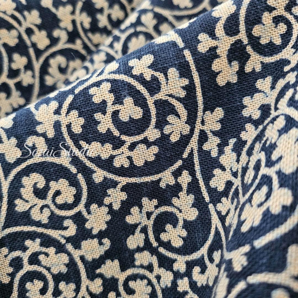 1 Yard Indigo Slub Japanese Cotton Fabric: Hand-Dyed Karakusa Pattern