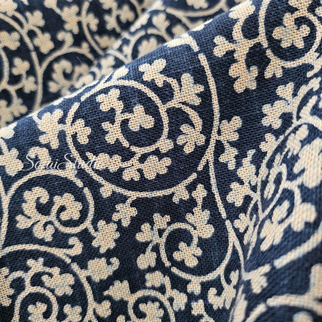 1 Yard Indigo Slub Japanese Cotton Fabric: Hand-Dyed Karakusa Pattern