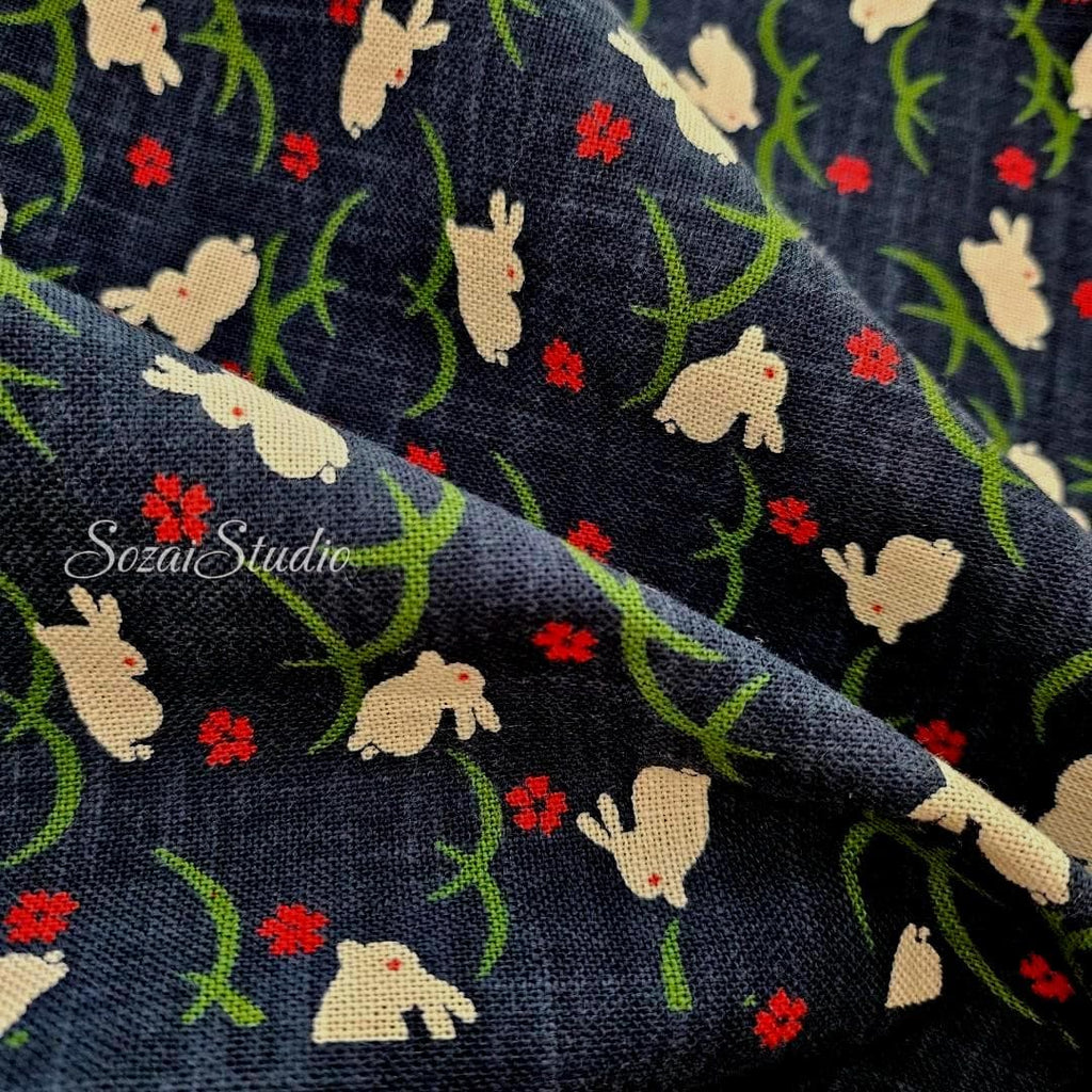 1 Yard Indigo Rabbit Slub Cotton Fabric: Hand-Dyed Japanese Wagara Print