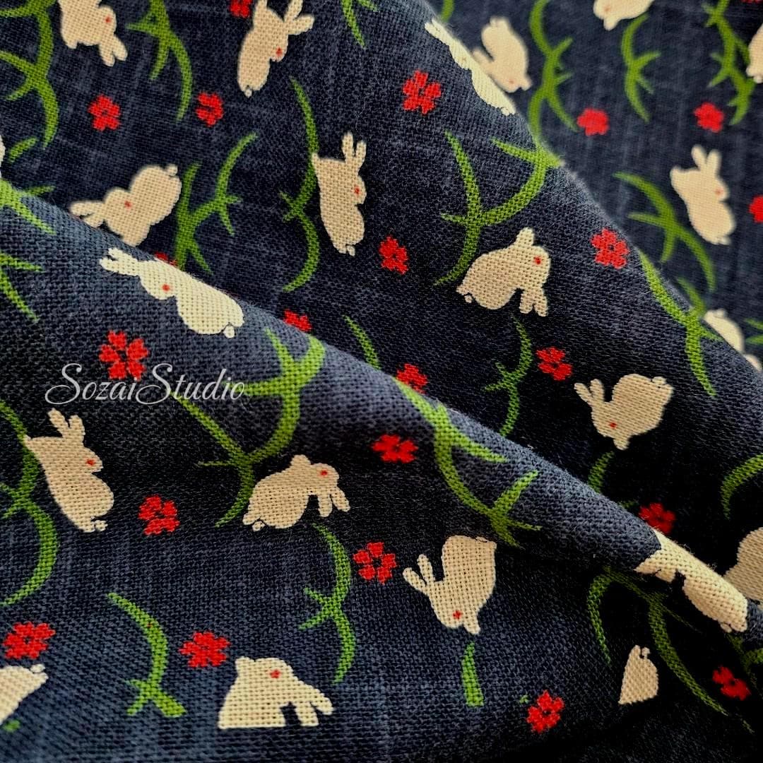 1 Yard Indigo Rabbit Slub Cotton Fabric: Hand-Dyed Japanese Wagara Print