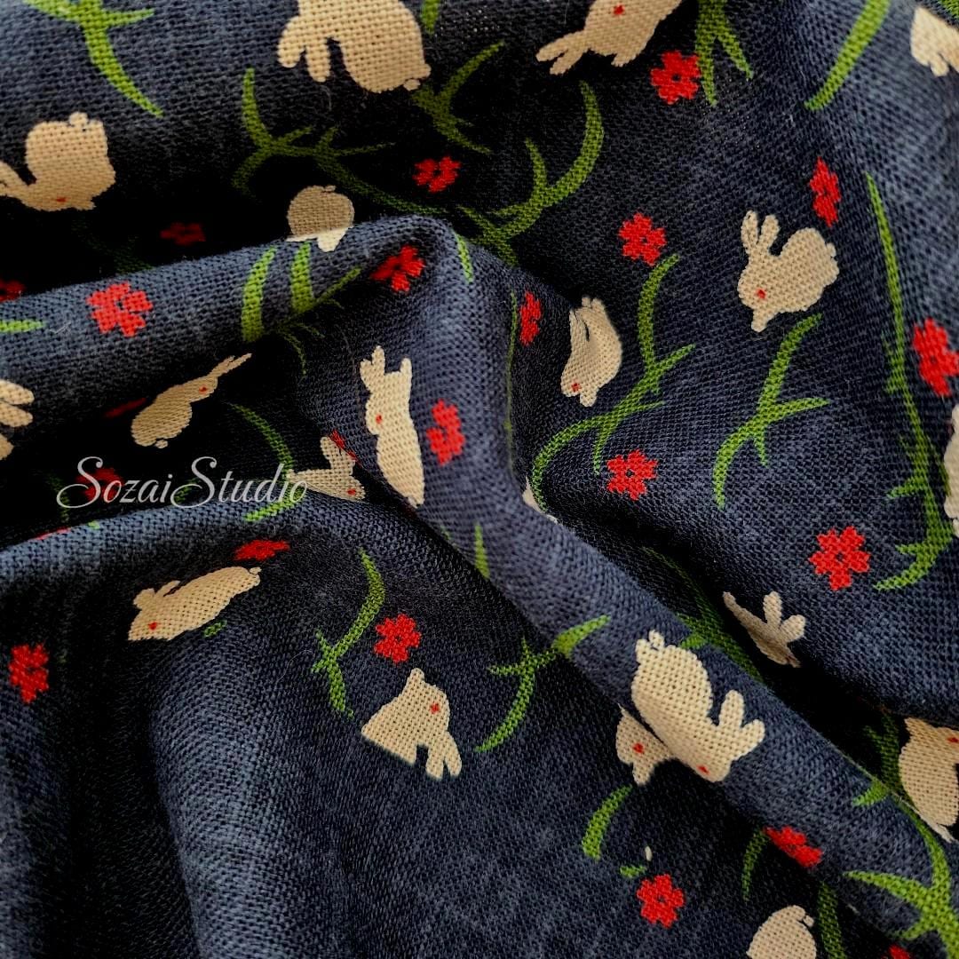 1 Yard Indigo Rabbit Slub Cotton Fabric: Hand-Dyed Japanese Wagara Print