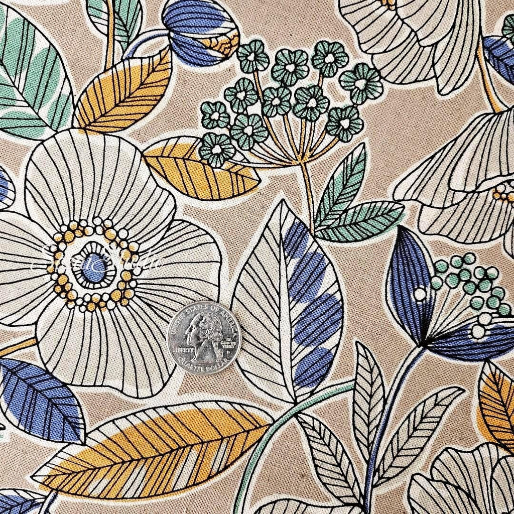 1 yard, Japanese fabric - Botanical flower, Beige, Yellow leaf - Linen Blend Canvas