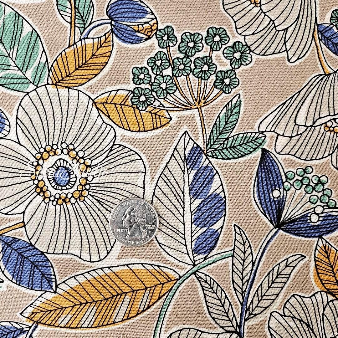 1 yard, Japanese fabric - Botanical flower, Beige, Yellow leaf - Linen Blend Canvas