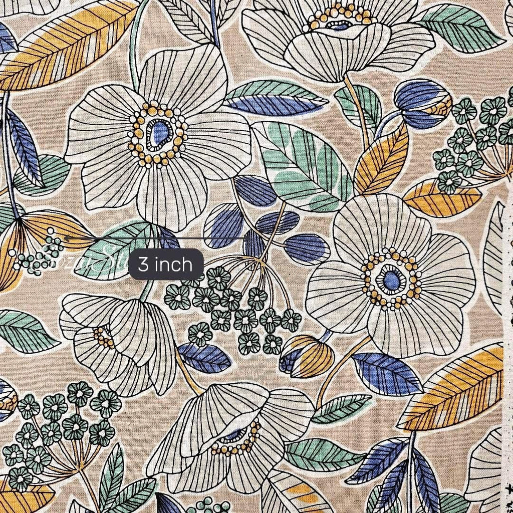 1 yard, Japanese fabric - Botanical flower, Beige, Yellow leaf - Linen Blend Canvas