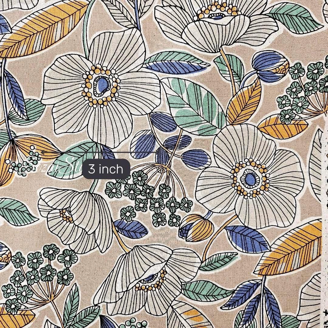 1 yard, Japanese fabric - Botanical flower, Beige, Yellow leaf - Linen Blend Canvas