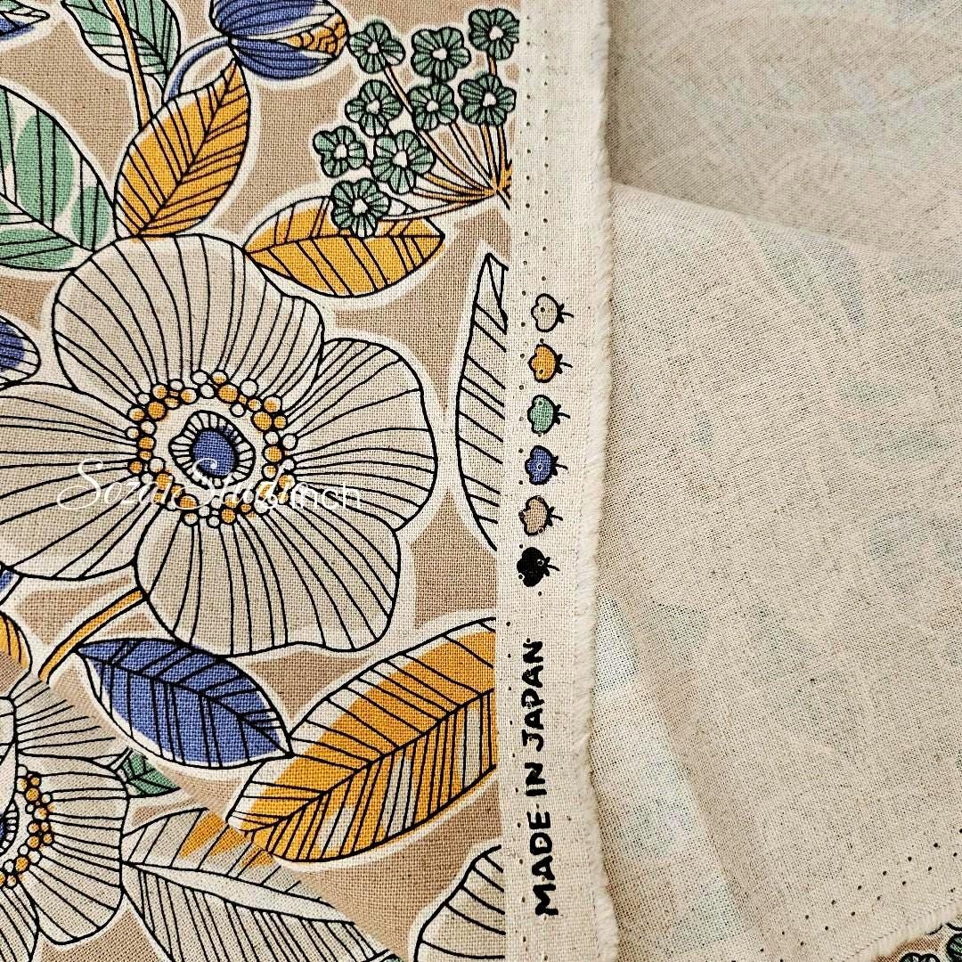 1 yard, Japanese fabric - Botanical flower, Beige, Yellow leaf - Linen Blend Canvas