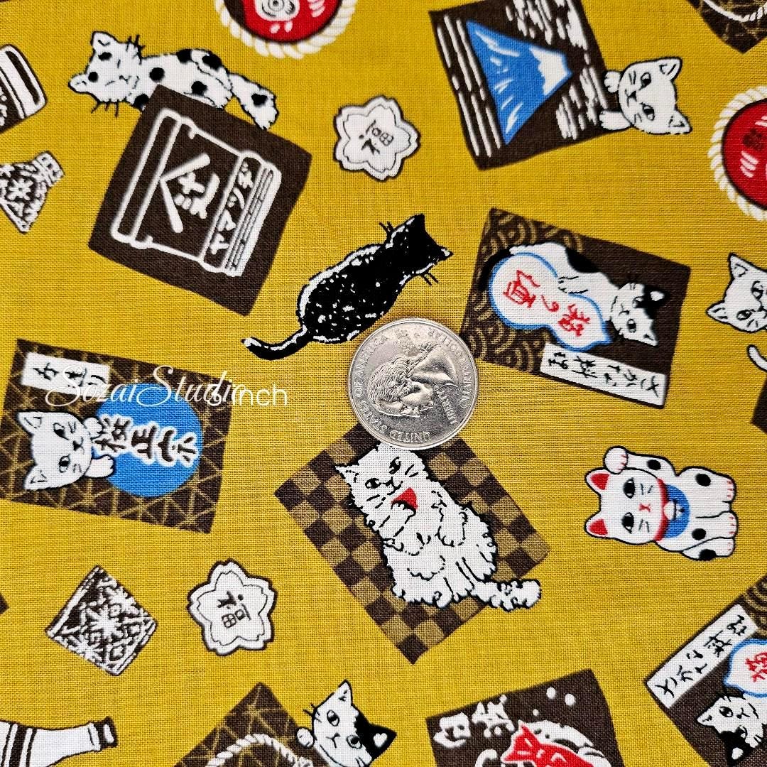 Japanese Cotton Fabric: Sake Barrels, Cats, Mustard Yellow Print, by the yard