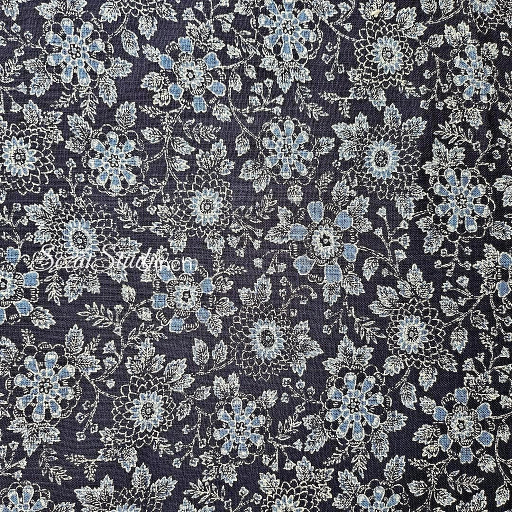 1 Yard Japanese Slub Cotton Fabric: Navy Chrysanthemum Print, Sewing & Crafting