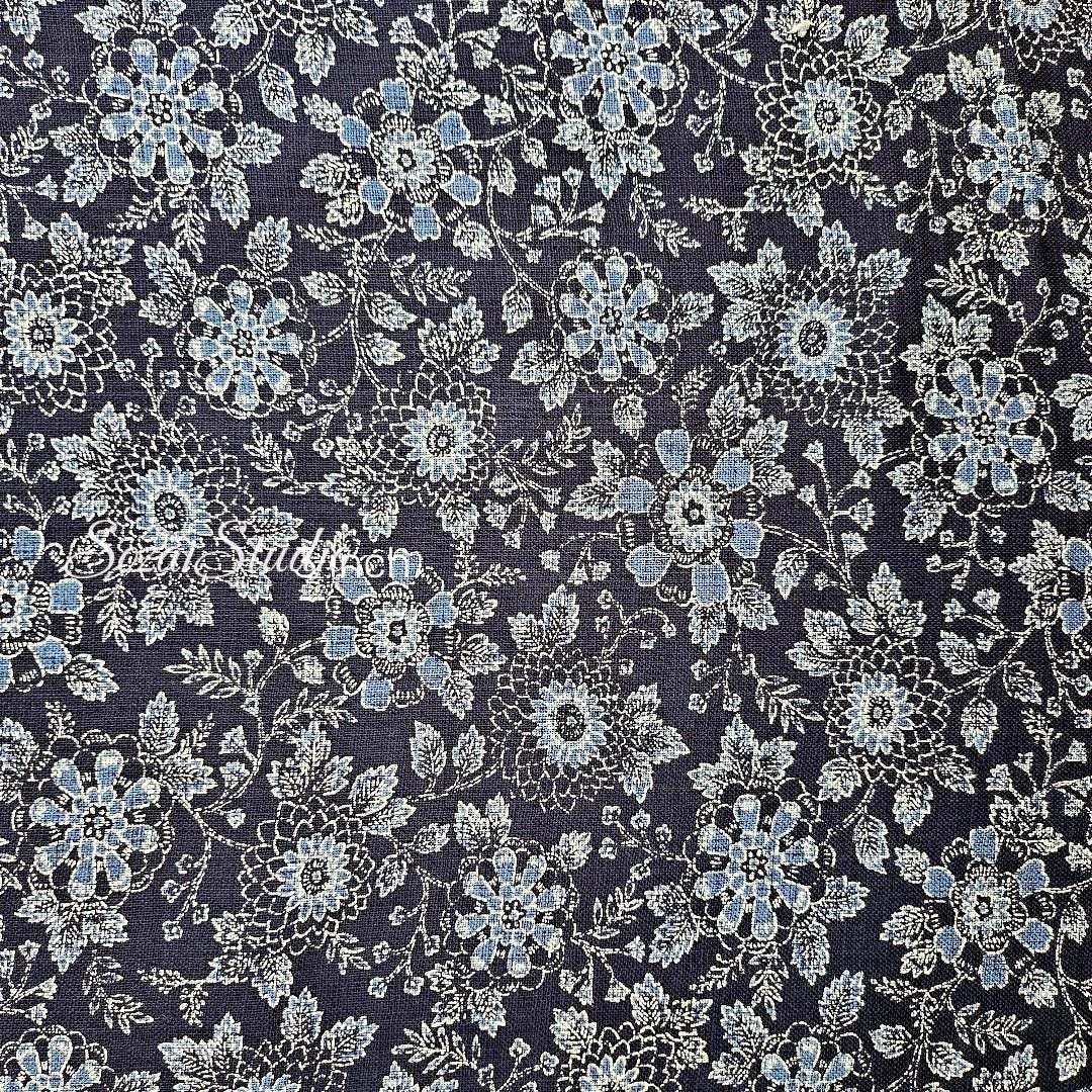 1 Yard Japanese Slub Cotton Fabric: Navy Chrysanthemum Print, Sewing & Crafting