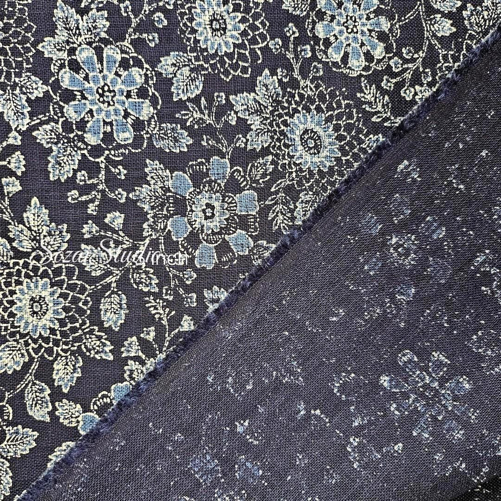 1 Yard Japanese Slub Cotton Fabric: Navy Chrysanthemum Print, Sewing & Crafting