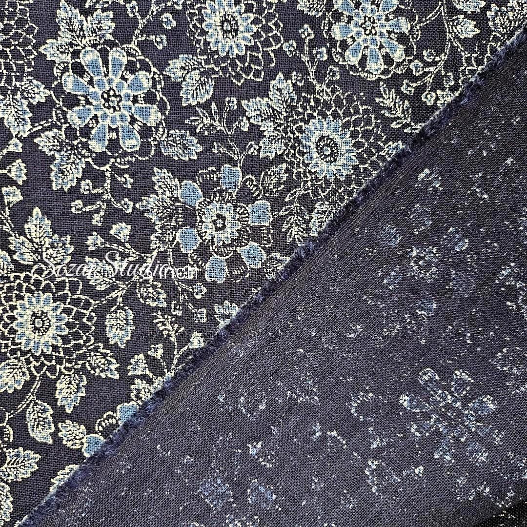 1 Yard Japanese Slub Cotton Fabric: Navy Chrysanthemum Print, Sewing & Crafting