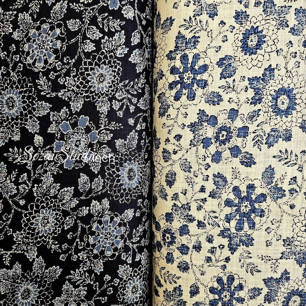 1 Yard Japanese Slub Cotton Fabric: Navy Chrysanthemum Print, Sewing & Crafting