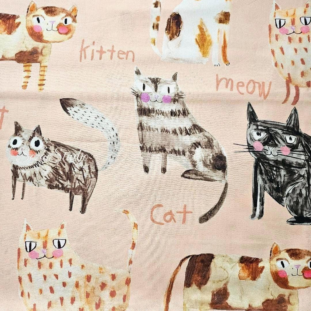 Japanese fabric - The Cat's Meow, Light Pink - 100% Cotton Square (Digital Print) - by the yard