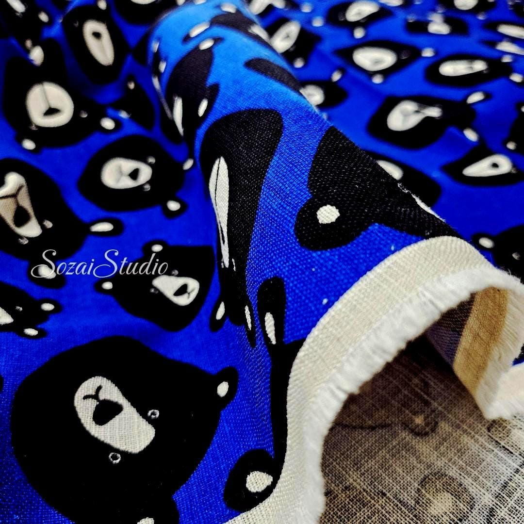 Japanese Fabric - Cute & Chic Teddy Bear Face, Blue - 100% Cotton Canvas Printed, by the yard