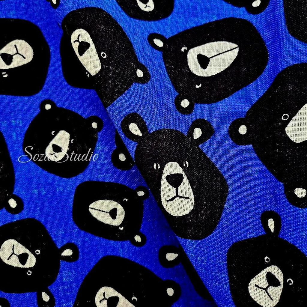 Japanese Fabric - Cute & Chic Teddy Bear Face, Blue - 100% Cotton Canvas Printed, by the yard