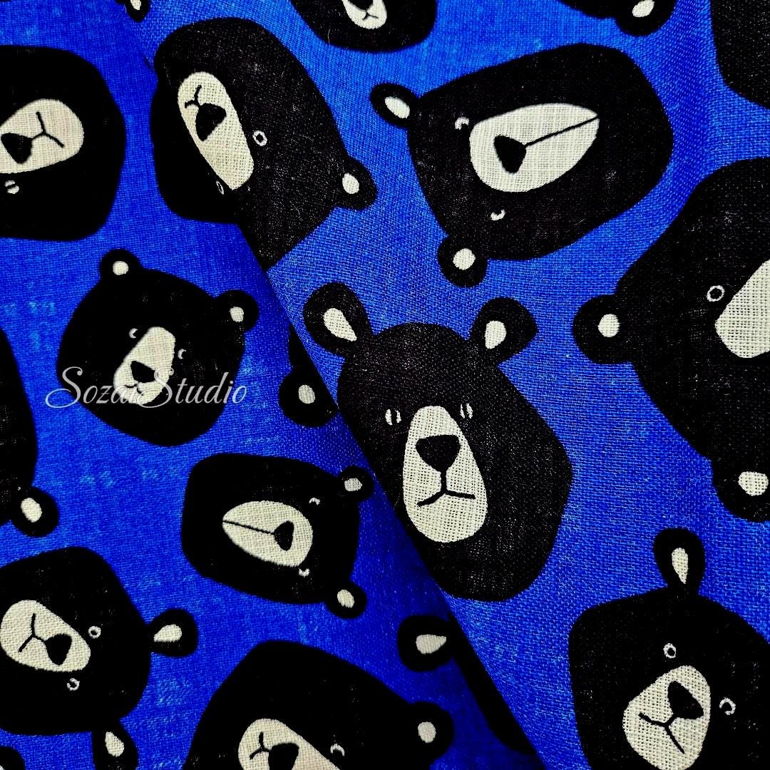 Japanese Fabric - Cute & Chic Teddy Bear Face, Blue - 100% Cotton Canvas Printed, by the yard