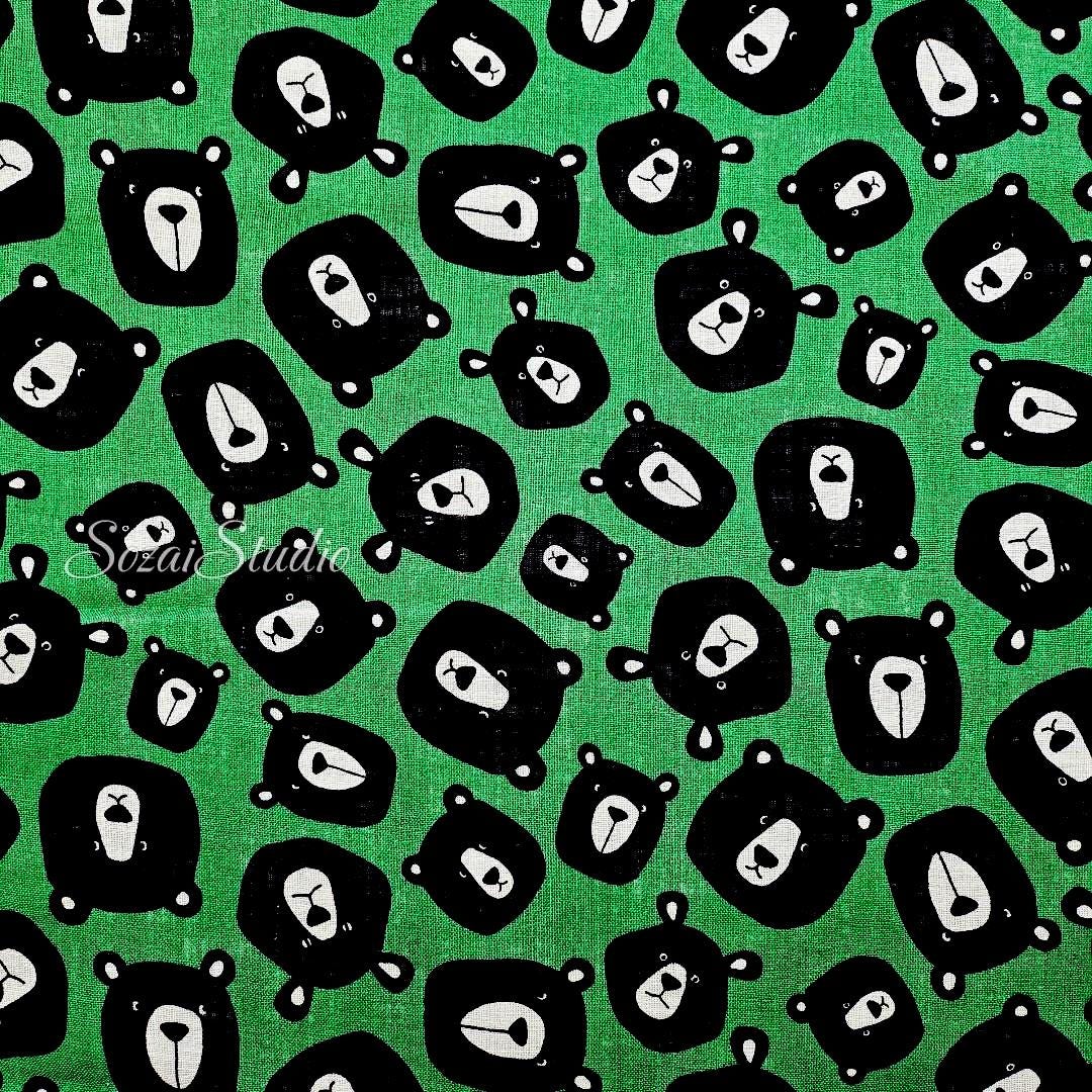 Japanese Fabric - Cute & Chic Teddy Bear Face, Green - 100% Cotton Canvas Printed, by the yard