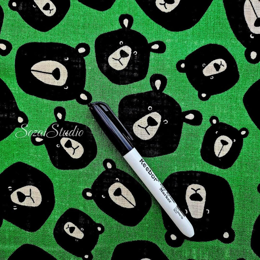 Japanese Fabric - Cute & Chic Teddy Bear Face, Green - 100% Cotton Canvas Printed, by the yard