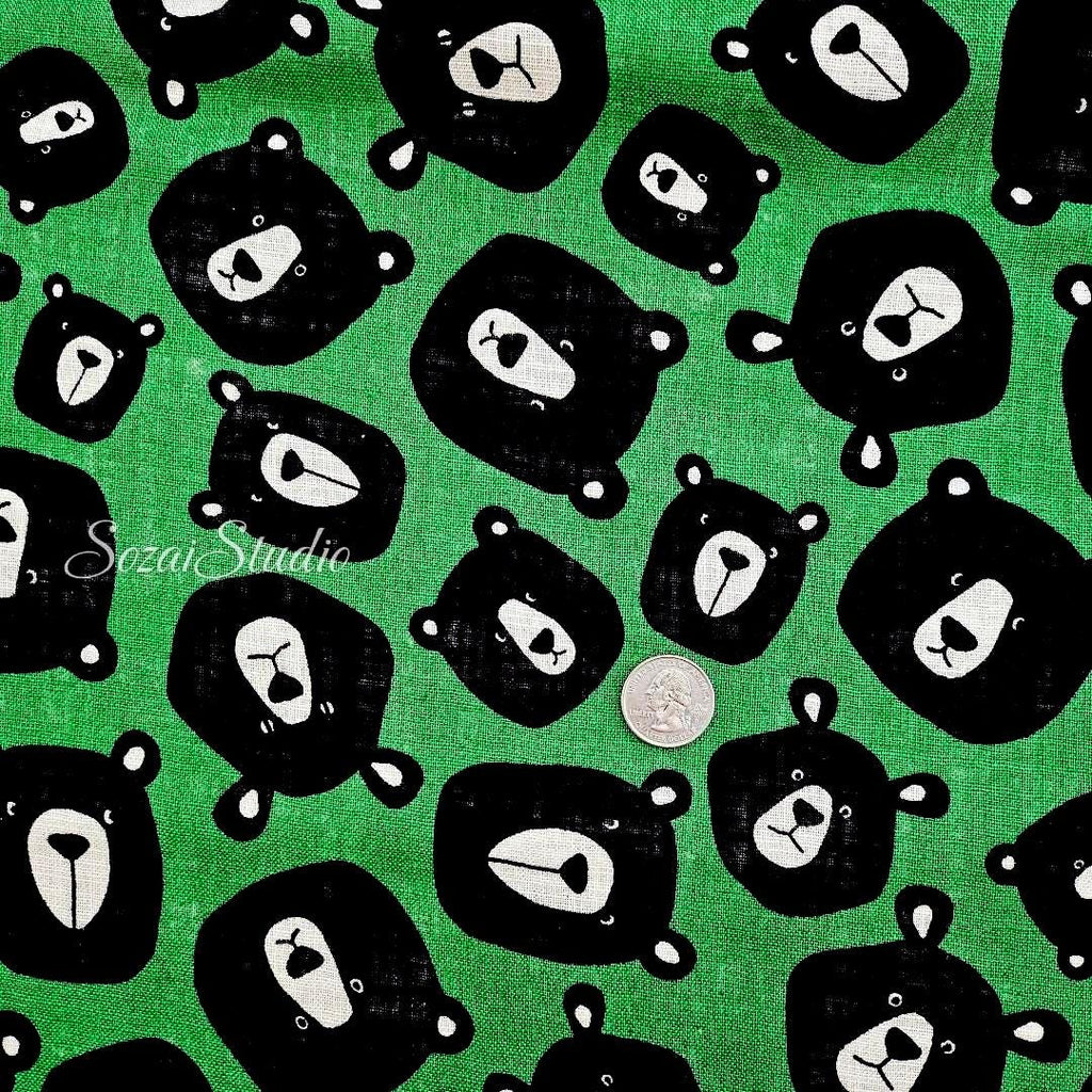 Japanese Fabric - Cute & Chic Teddy Bear Face, Green - 100% Cotton Canvas Printed, by the yard