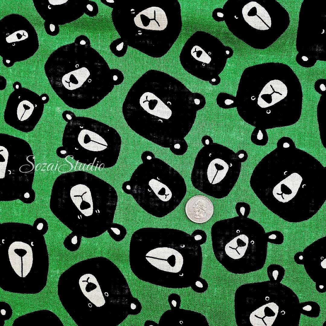 Japanese Fabric - Cute & Chic Teddy Bear Face, Green - 100% Cotton Canvas Printed, by the yard