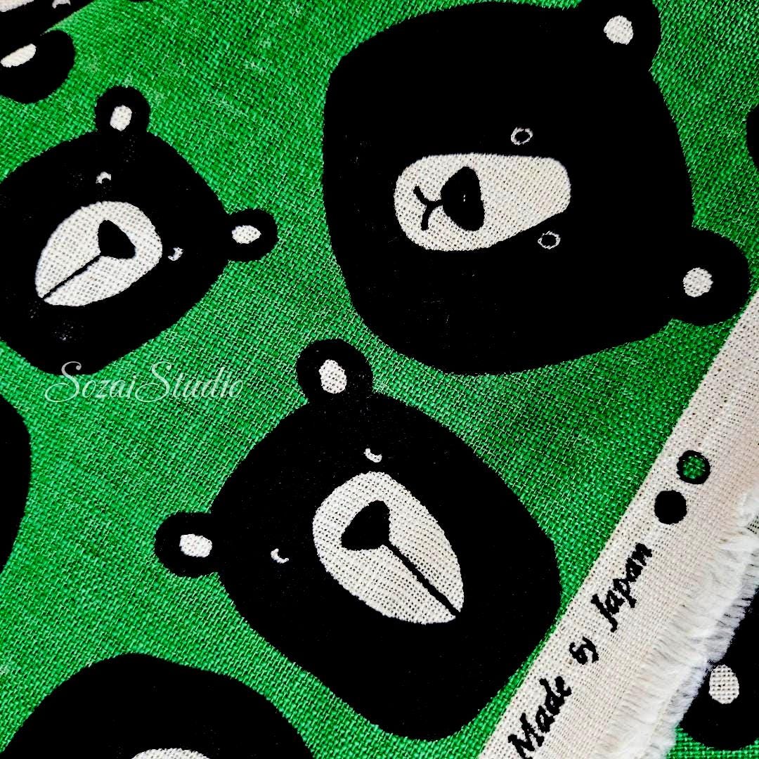 Japanese Fabric - Cute & Chic Teddy Bear Face, Green - 100% Cotton Canvas Printed, by the yard