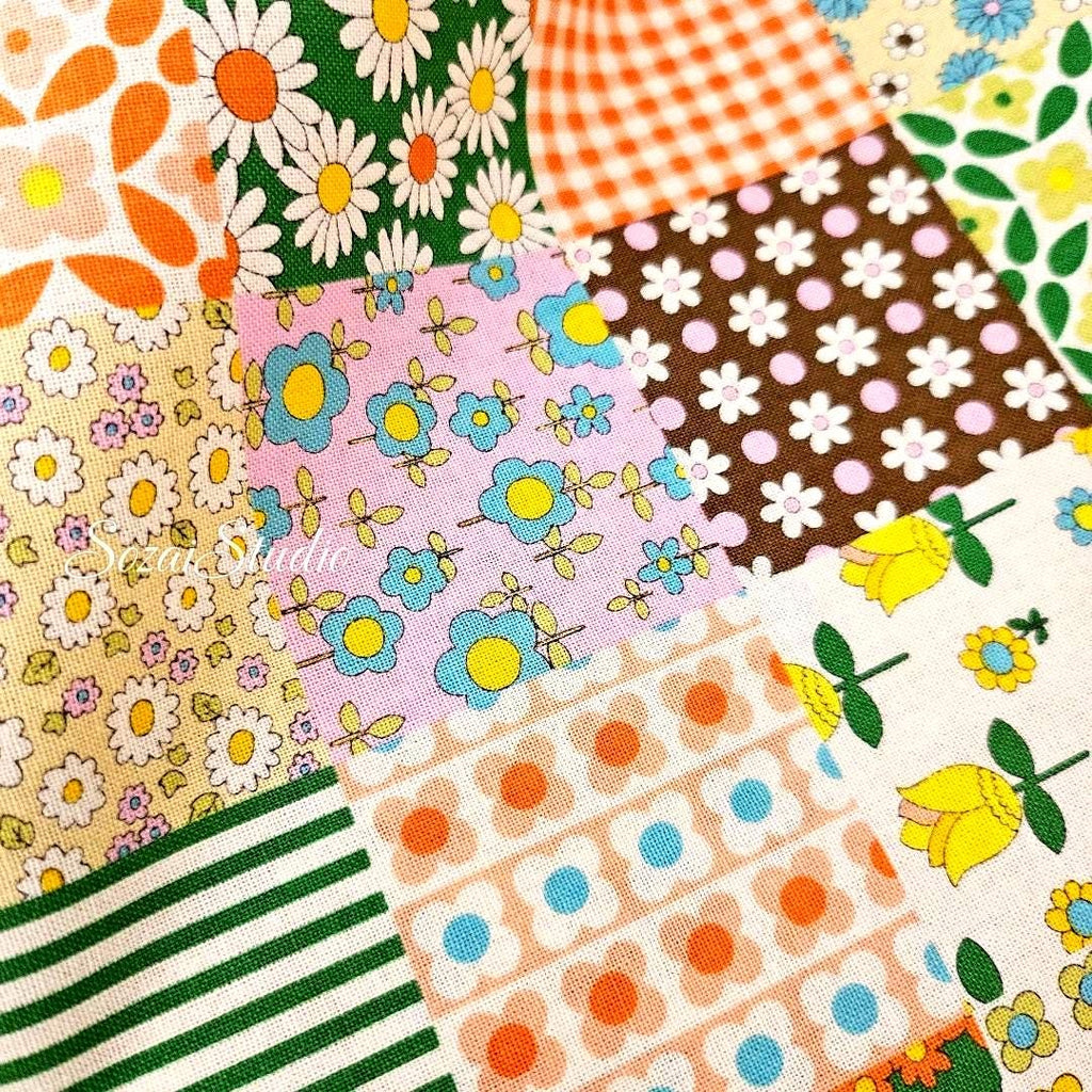 Japanese Floral Patchwork Fabric: 70s Retro Cotton Sheeting, Brown - by the yard