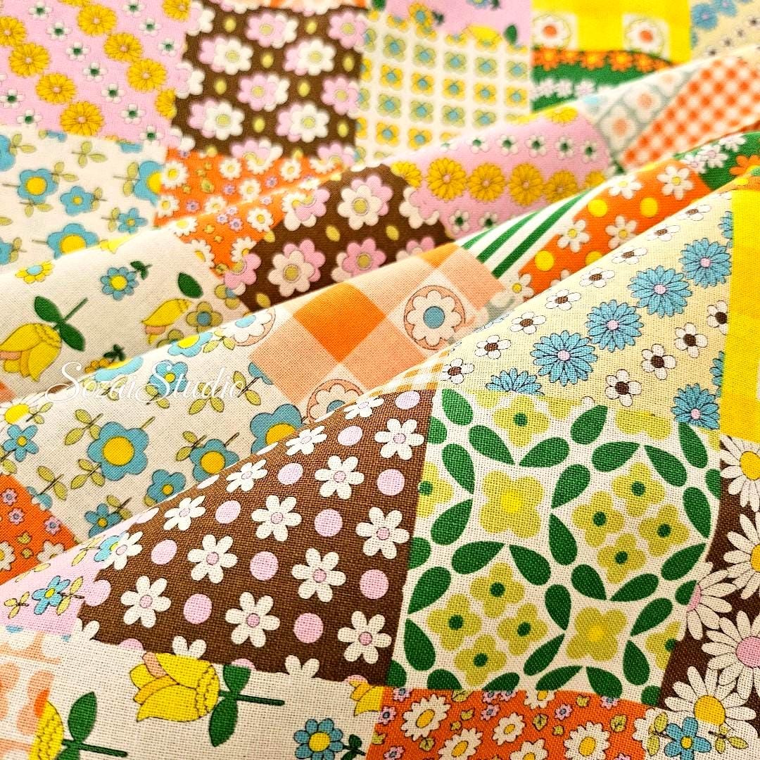 Japanese Floral Patchwork Fabric: 70s Retro Cotton Sheeting, Brown - by the yard