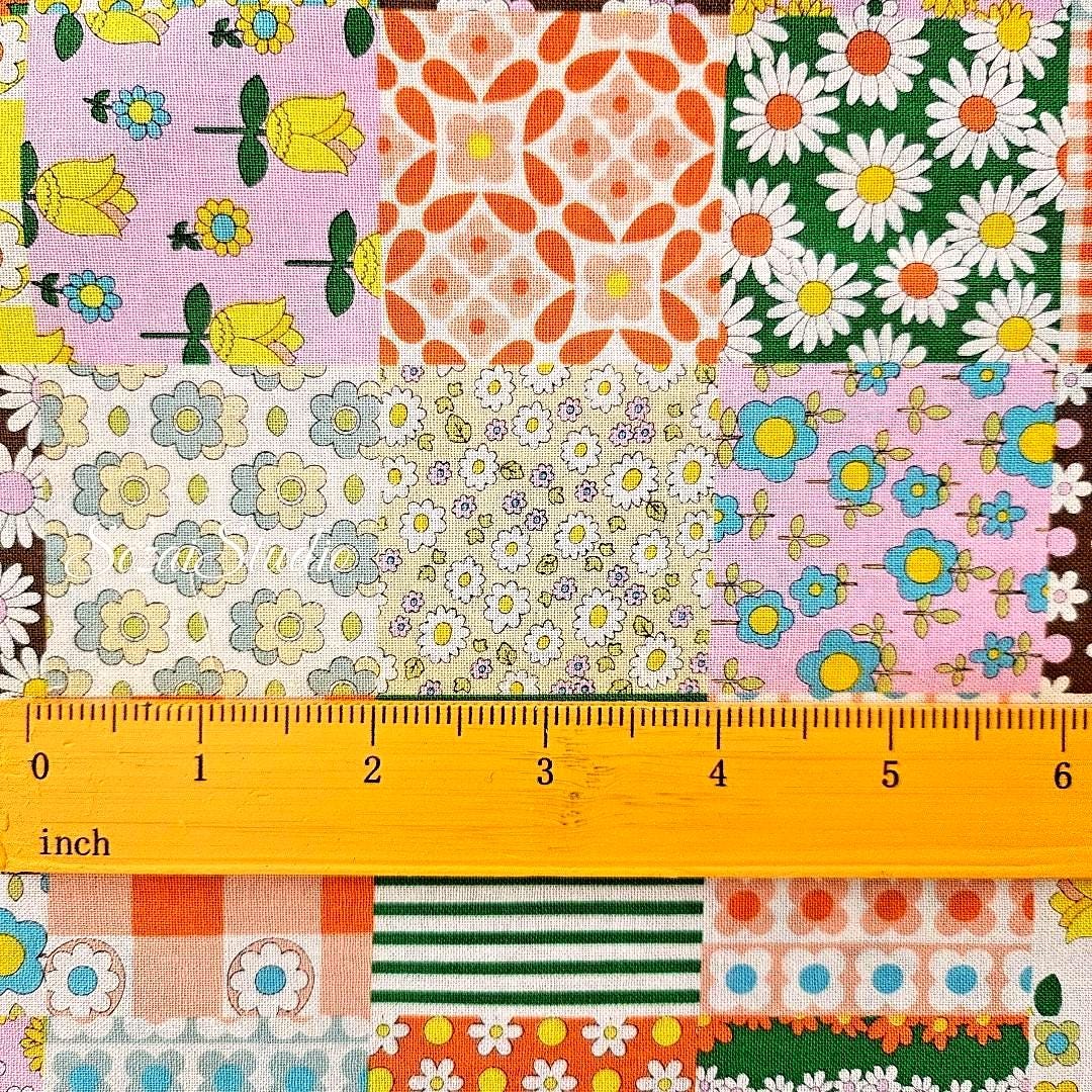 Japanese Floral Patchwork Fabric: 70s Retro Cotton Sheeting, Brown - by the yard