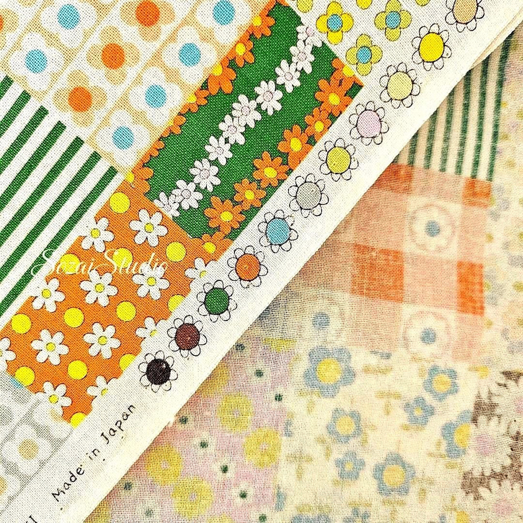 Japanese Floral Patchwork Fabric: 70s Retro Cotton Sheeting, Brown - by the yard