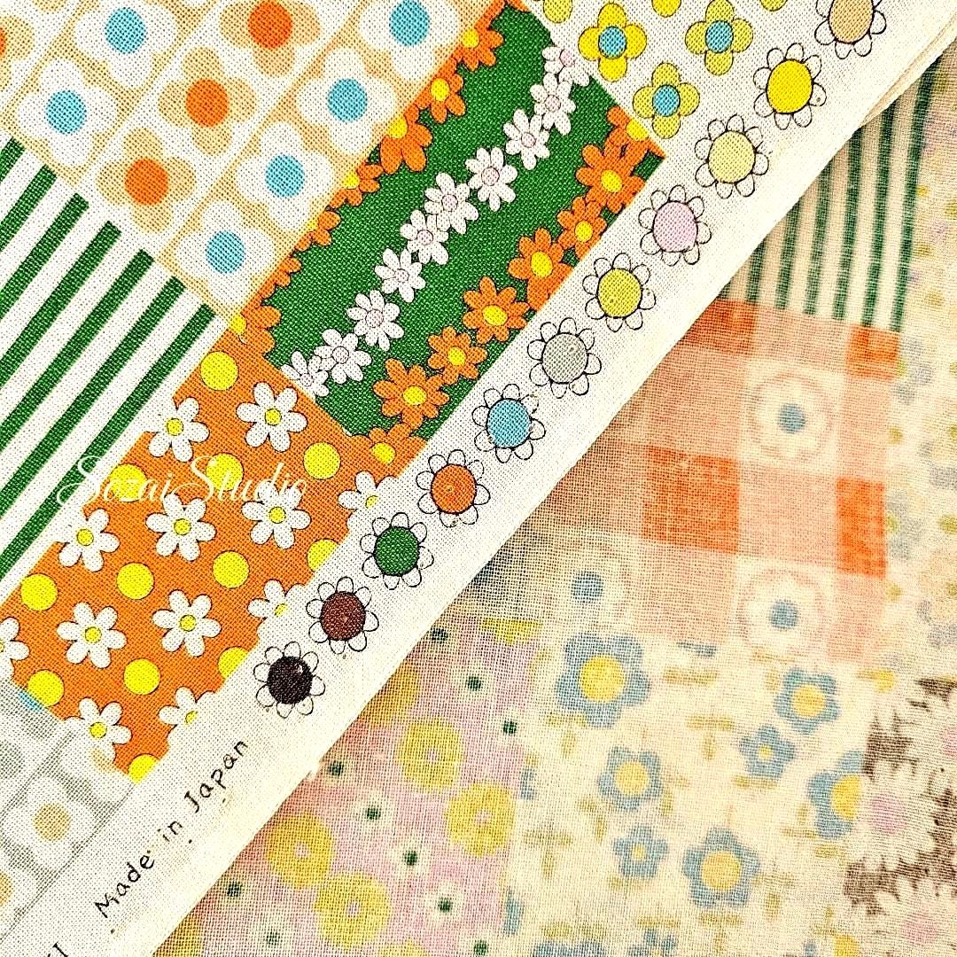 Japanese Floral Patchwork Fabric: 70s Retro Cotton Sheeting, Brown - by the yard