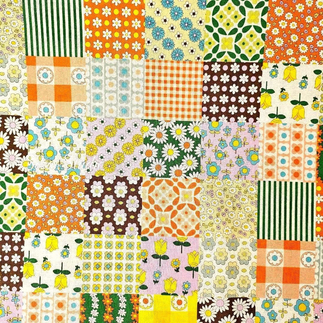 Japanese Floral Patchwork Fabric: 70s Retro Cotton Sheeting, Brown - by the yard