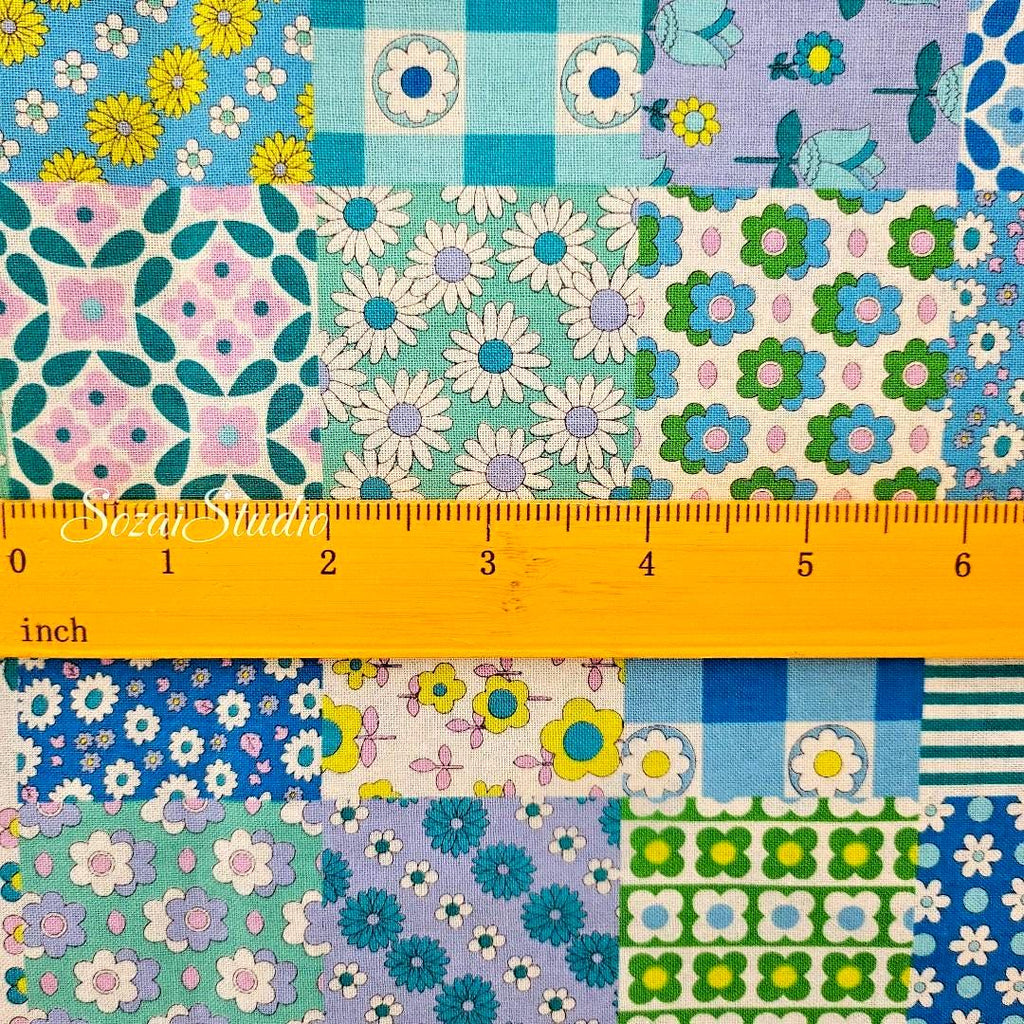 Japanese Floral Fabric: 70s Retro Cotton Patchwork, Blue - by the yard
